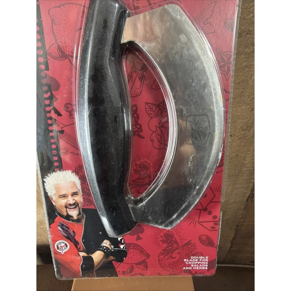 Guy Fieri Hand Held Double Blade Food Chopper Mezzaluna‎ Salad Herb Knife Black